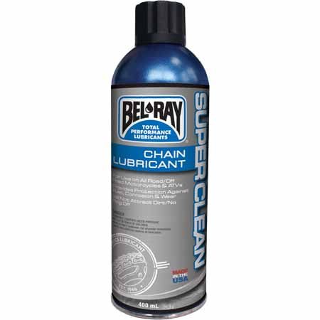 Bel-Ray Super Clean Chain Lube is the latest innovation in chain lubricant technology with an outer protective coating that will not attract dirt, sand or grit and will NOT fling off. Available in two can sizes